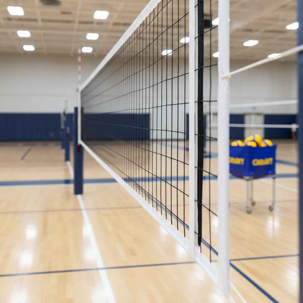 A close-up, side-view of a tensioned volleyball net with perfectly aligned white top tape and taut black mesh, captured in sharp photographic realism. The net stretches diagonally across a full-sized indoor court marked with crisp white and navy lines. Soft, even lighting from high gym fixtures creates minimal shadows and a clean, professional atmosphere. In the gently blurred background, a ball cart and padded poles hint at organized training sessions and team practices. Shot from a low, sideline angle along the net, the composition uses a strong sense of depth to communicate precision, competitiveness, and the disciplined environment of a club volleyball program.